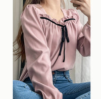 Wonderland 絨面皺褶方領輕優雅上衣, Blouse/ BU8987 (pink sold out)