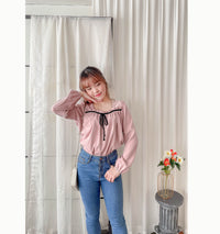Wonderland 絨面皺褶方領輕優雅上衣, Blouse/ BU8987 (pink sold out)