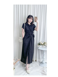 Black Shirt Dress 黑色寬鬆側修腰中排鈕連身裙/ DS9936