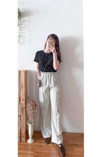 淺杏色全橡筋前立體修飾線直腳褲, Pants/ PT8420