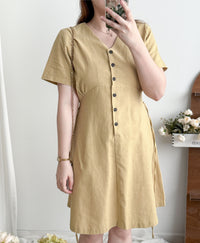 Linen 麻棉顯瘦弧腰線連身裙 Dress/ DS9909 (Beige/Mustard soldout)