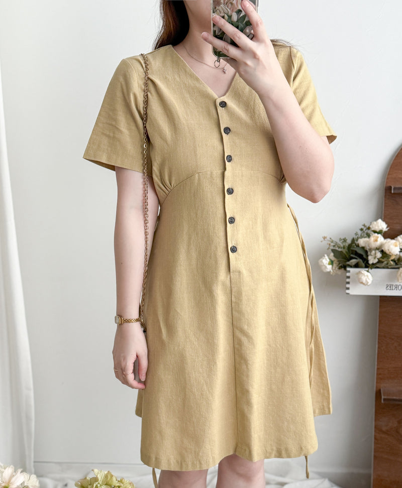Linen 麻棉顯瘦弧腰線連身裙 Dress/ DS9909 (Beige/Mustard soldout)