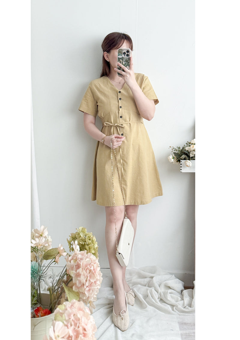 Linen 麻棉顯瘦弧腰線連身裙 Dress/ DS9909 (Beige/Mustard soldout)