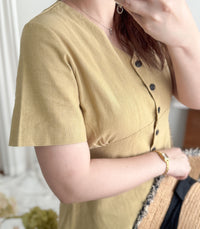 Linen 麻棉顯瘦弧腰線連身裙 Dress/ DS9909 (Beige/Mustard soldout)