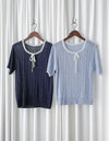 Ribbon Knit Top 針織蝴蝶彈性拼色上衣/ TP9154 (Skyblue sold out)