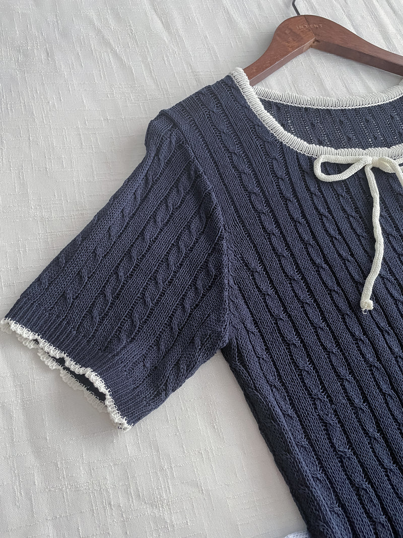 Ribbon Knit Top 針織蝴蝶彈性拼色上衣/ TP9154 (Skyblue sold out)