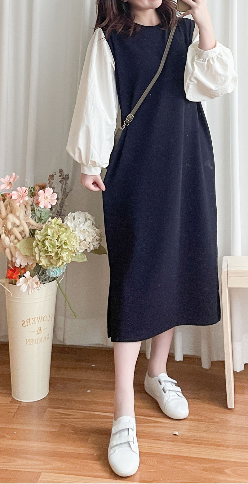 【現貨限量回歸 】Spliced Dress 拼接側開叉無領仿背心裙外穿連身裙/ DS9696