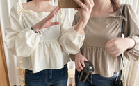 Ribbon Blouse 橡筋方領蝴蝶裝飾假修腰裙擺上衣/ BU9075 (Milktea sold out )