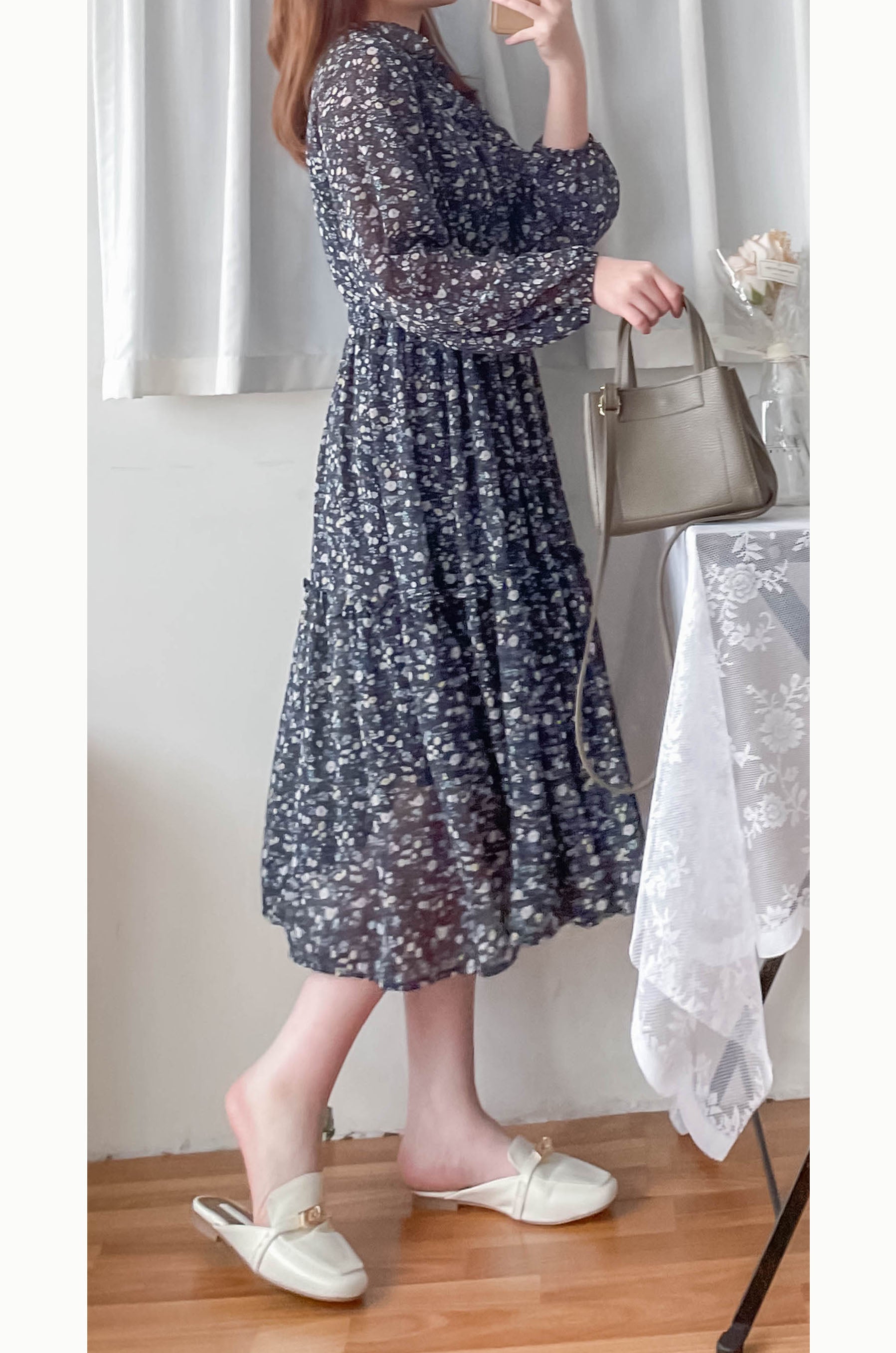 Navy Daisy 深藍色小雛菊花邊雪紡修腰連身裙, Dress/ DS9387
