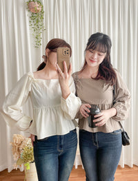 Ribbon Blouse 橡筋方領蝴蝶裝飾假修腰裙擺上衣/ BU9075 (Milktea sold out )