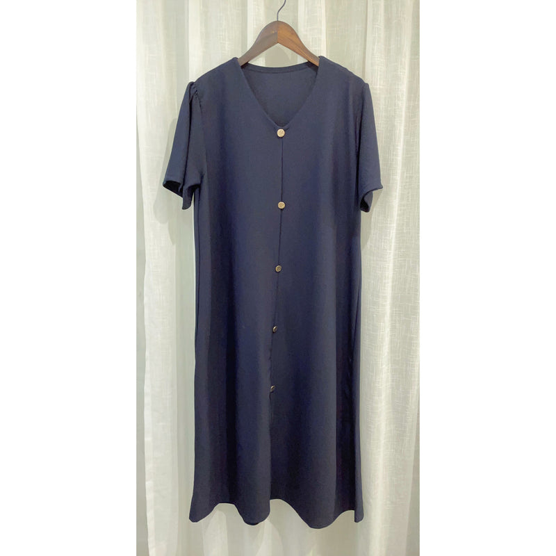 【Intent x Korea label】（100%防皺彈性) Navy V領金鈕扣傘袖開叉裙擺連身裙, Dress/ DS9545