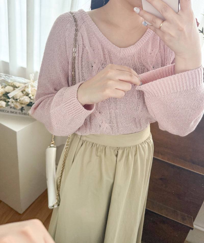 V Braid Knit Top 不起毛彈性線料扭麻花針織衫/ KT8176