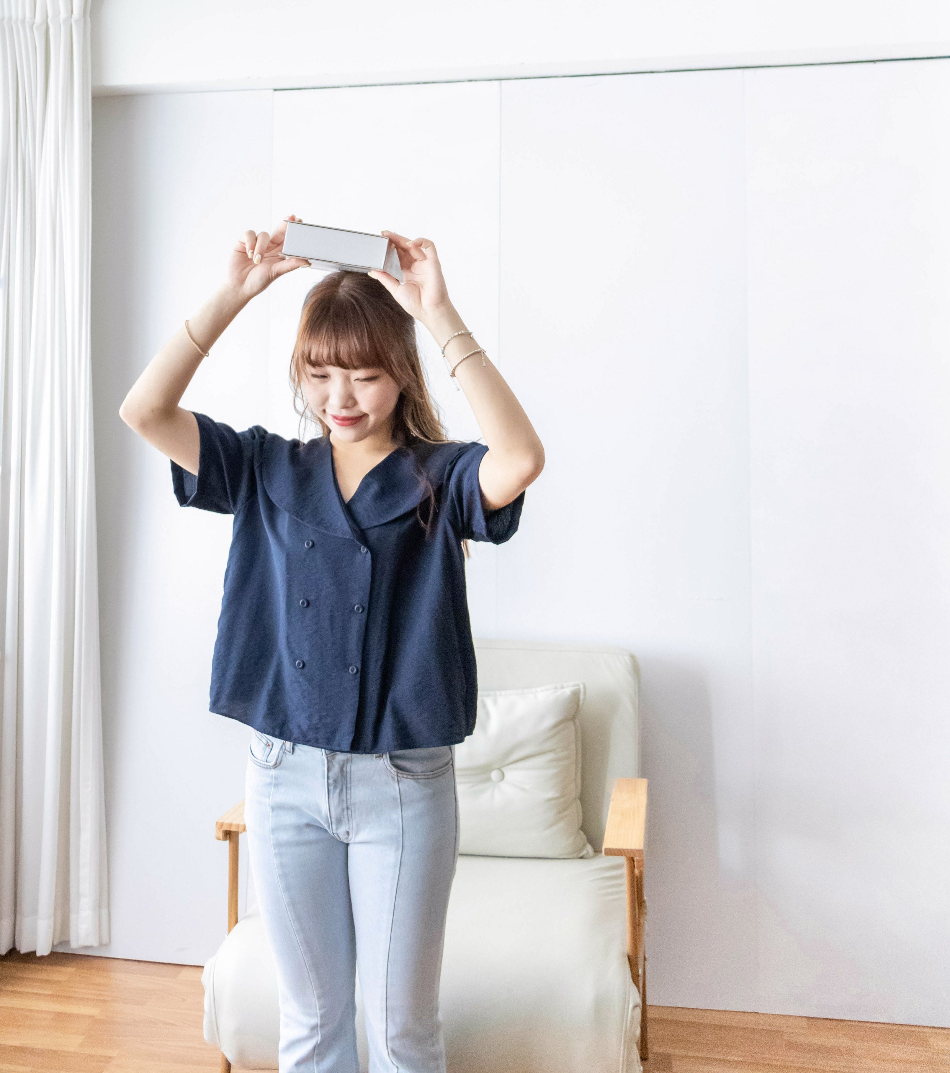 [ BEST ✈️ LIMITED RESTOCK!]  Navy 深藍雙排鈕扣紋理翻領口上衣, Blouse/ BU8926