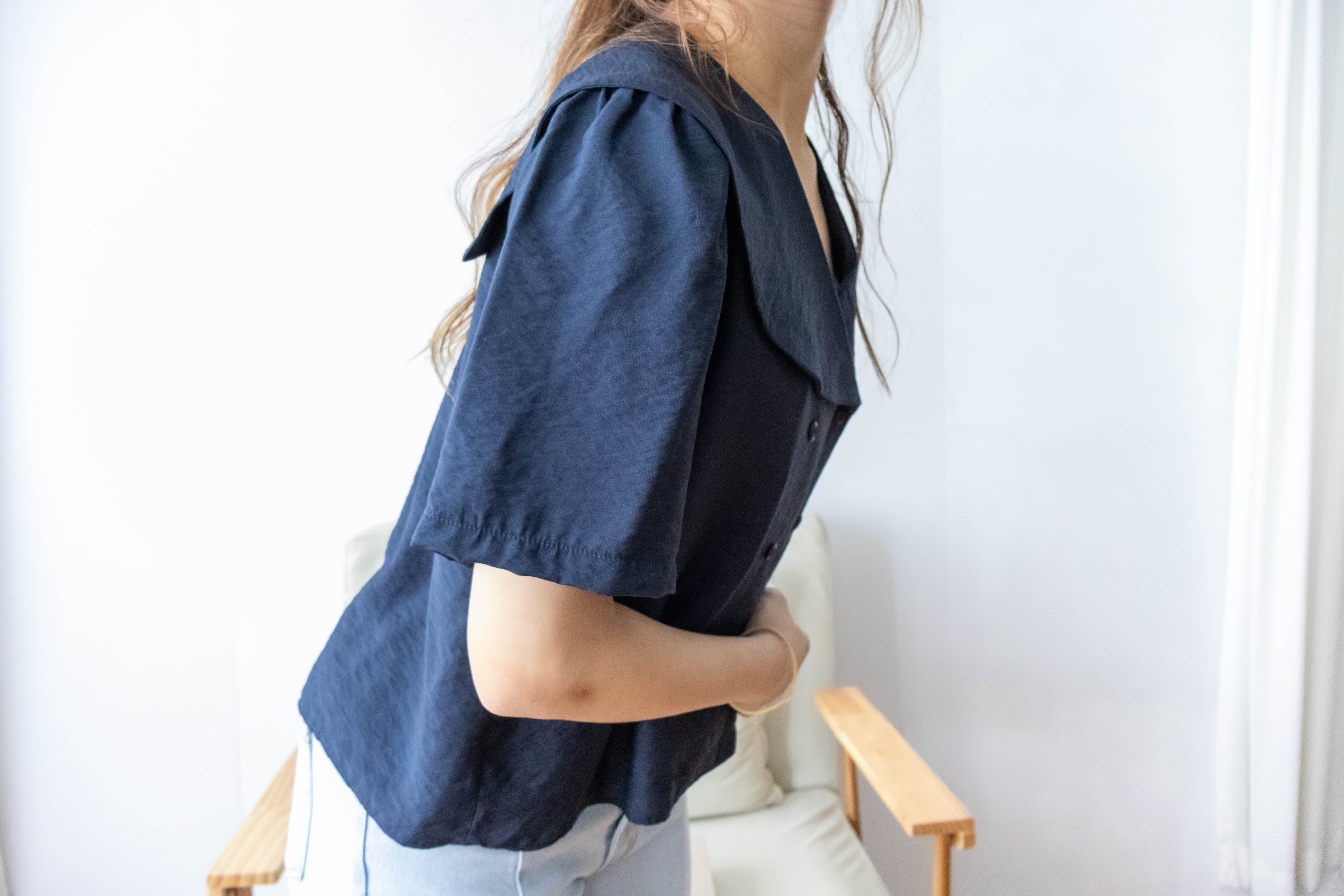 [ BEST ✈️ LIMITED RESTOCK!]  Navy 深藍雙排鈕扣紋理翻領口上衣, Blouse/ BU8926