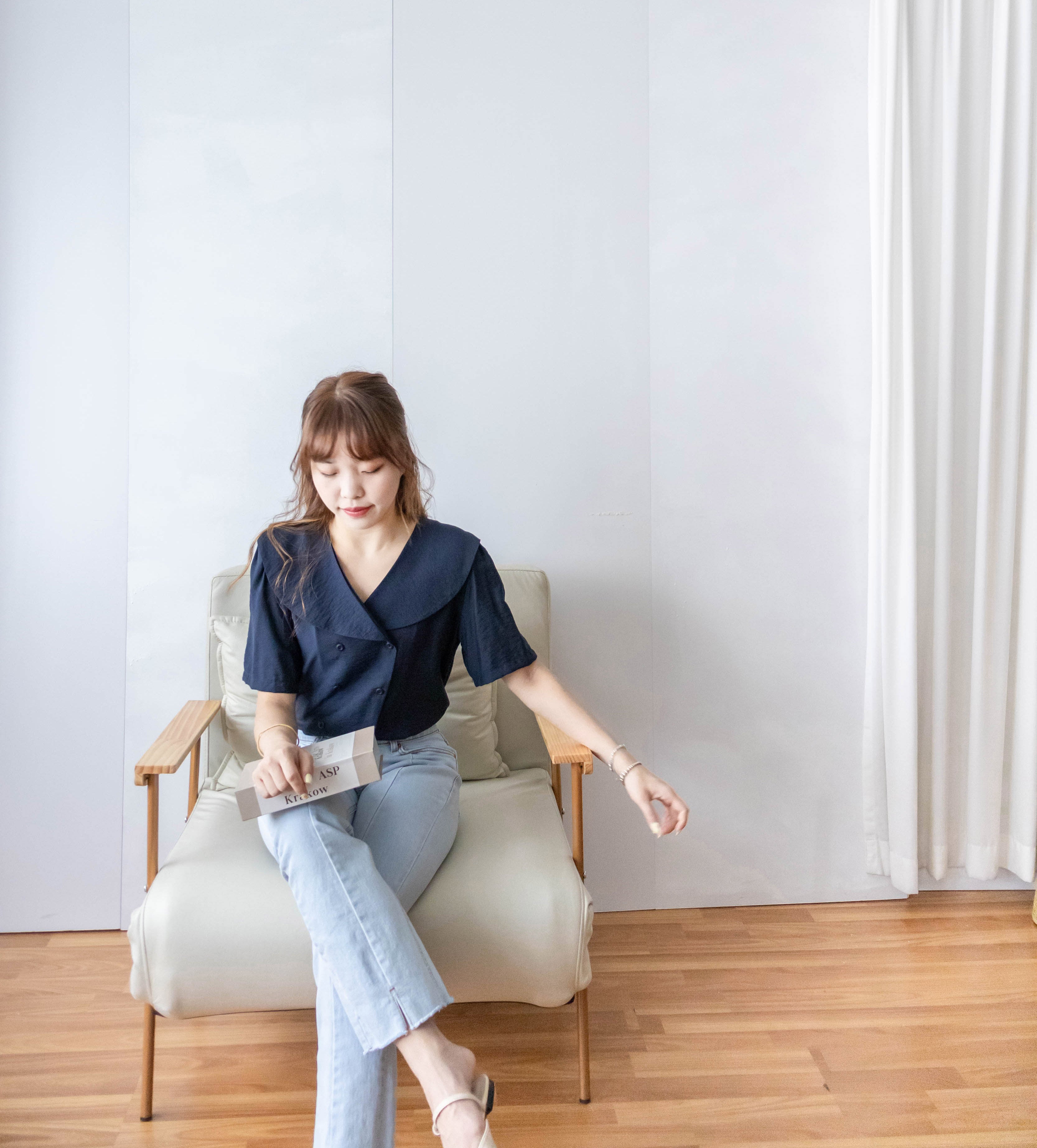 [ BEST ✈️ LIMITED RESTOCK!]  Navy 深藍雙排鈕扣紋理翻領口上衣, Blouse/ BU8926