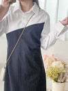 Navy Spliced Shirt Dress 深藍直條紋拼接恤衫裙/ DS9702