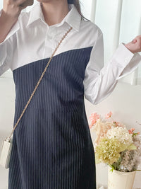 Navy Spliced Shirt Dress 深藍直條紋拼接恤衫裙/ DS9702