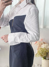 Navy Spliced Shirt Dress 深藍直條紋拼接恤衫裙/ DS9702