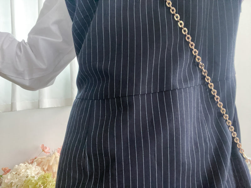 Navy Spliced Shirt Dress 深藍直條紋拼接恤衫裙/ DS9702