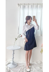 Navy Spliced Shirt Dress 深藍直條紋拼接恤衫裙/ DS9702