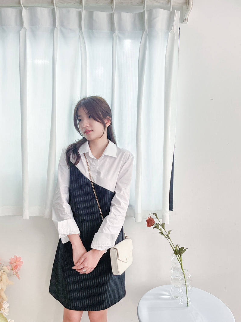 Navy Spliced Shirt Dress 深藍直條紋拼接恤衫裙/ DS9702