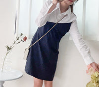 Navy Spliced Shirt Dress 深藍直條紋拼接恤衫裙/ DS9702