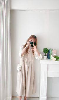 【intent X Korea label】 Beige Vest  淺杏暗紋微絨口袋腰間大百褶, Dress/  DS9369