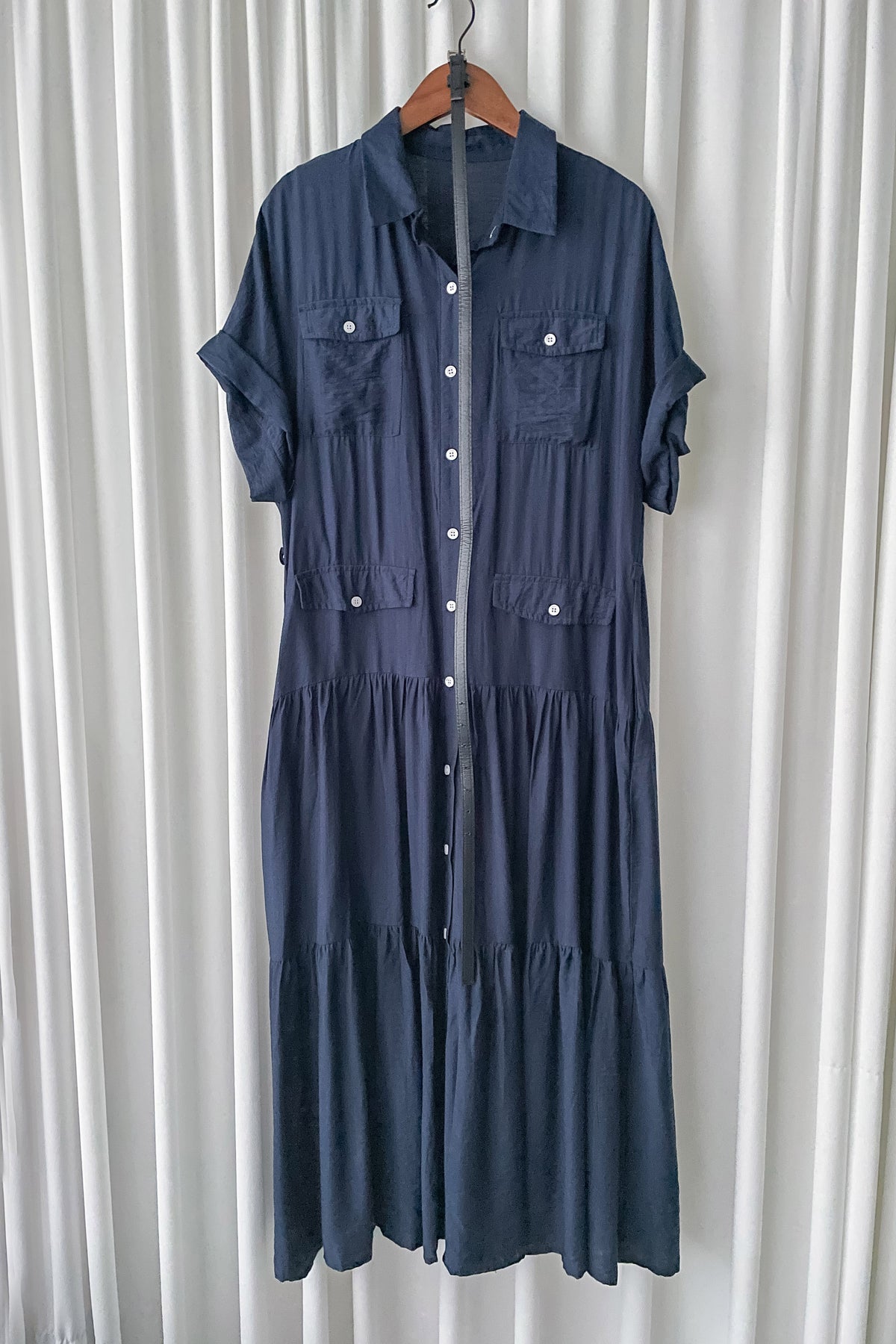 [ 限時重開訂購🕣 ]（連腰帶) Sophisticated Dress 深藍口袋襯衫連身裙/ DS9966