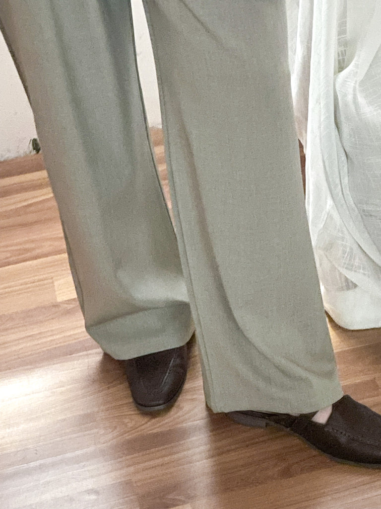 Greyish Beige 杏綠色顯高高腰闊腳褲, Pants/ PT8408