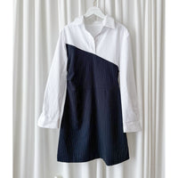 Navy Spliced Shirt Dress 深藍直條紋拼接恤衫裙/ DS9702