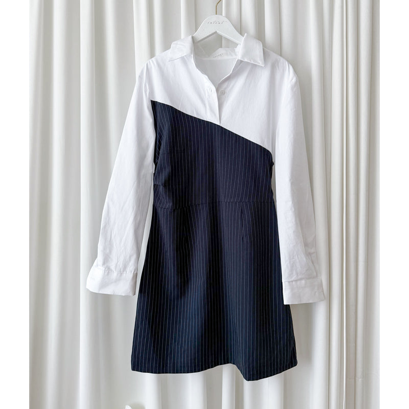 Navy Spliced Shirt Dress 深藍直條紋拼接恤衫裙/ DS9702