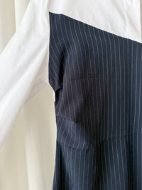Navy Spliced Shirt Dress 深藍直條紋拼接恤衫裙/ DS9702