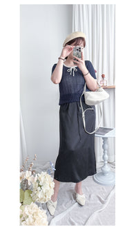 Ribbon Knit Top 針織蝴蝶彈性拼色上衣/ TP9154 (Skyblue sold out)