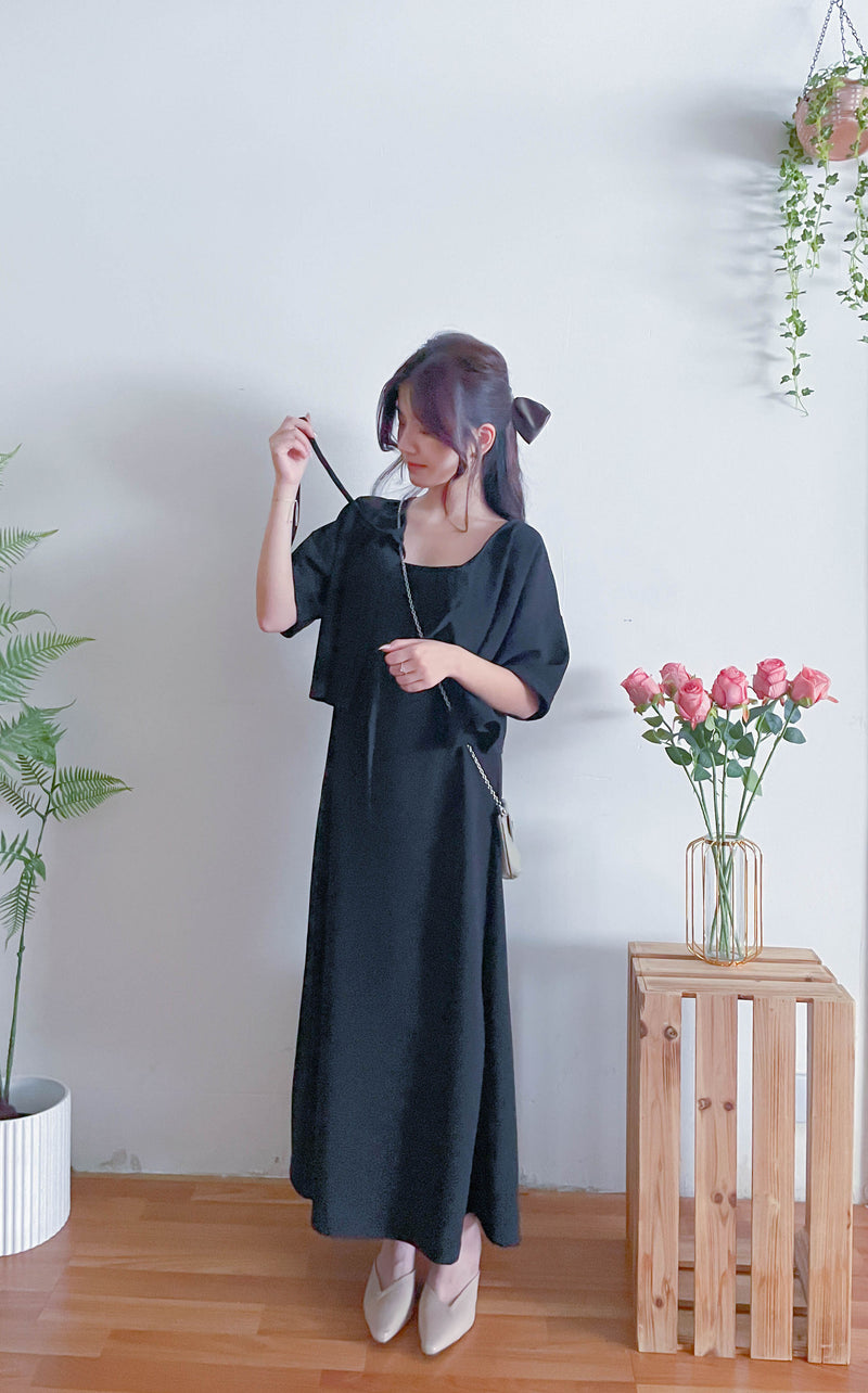 // 售完即止🏃‍♀️// black ribbon, Set 黑色小外套防皺吊帶裙套裝/ DS9559