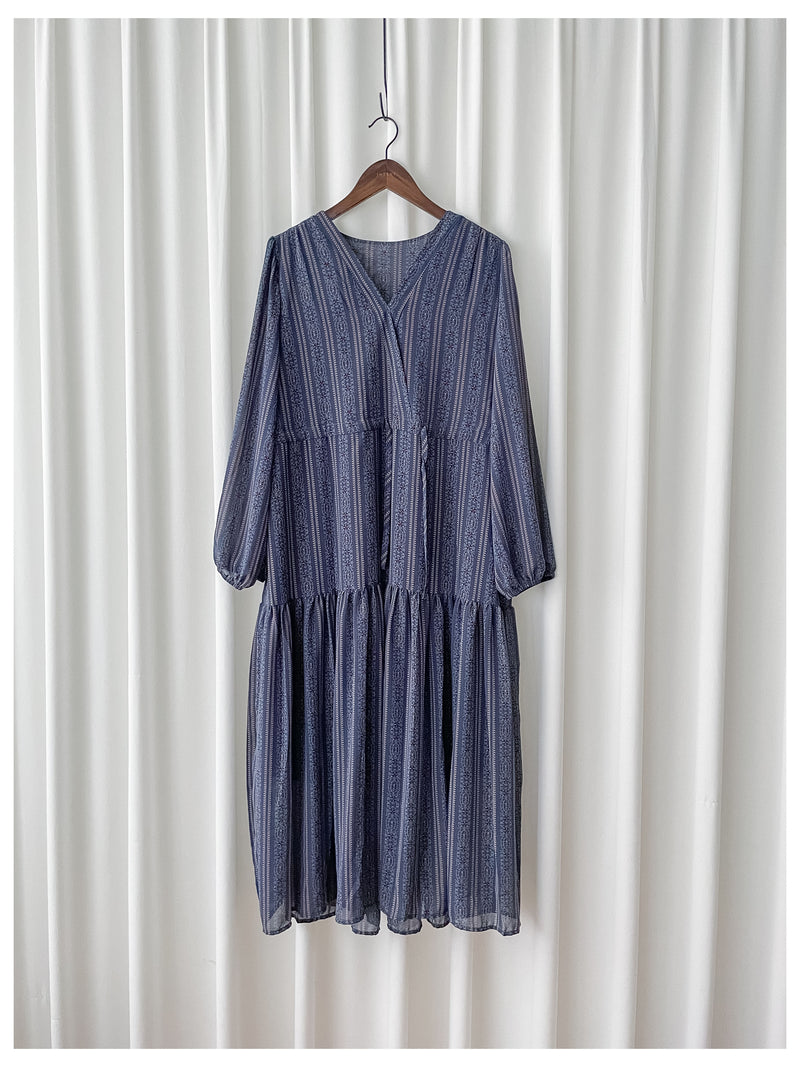 Misty Blue Chiffon Dress 霧藍民族印花束腰飄逸裙擺連身裙/ DS9989 (pre-order 10月9截單)