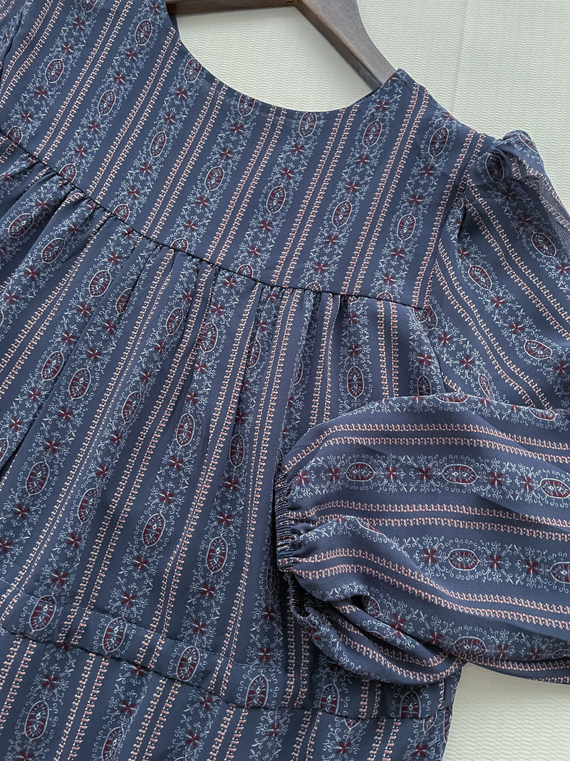 Misty Blue Chiffon Dress 霧藍民族印花束腰飄逸裙擺連身裙/ DS9989 (pre-order 10月9截單)
