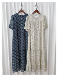 Ruffle Collar Rhombus Dress 花邊領口菱格紋雪紡連身裙/ DS9994