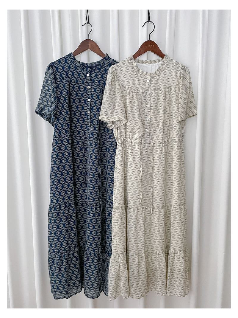 Ruffle Collar Rhombus Dress 花邊領口菱格紋雪紡連身裙/ DS9994