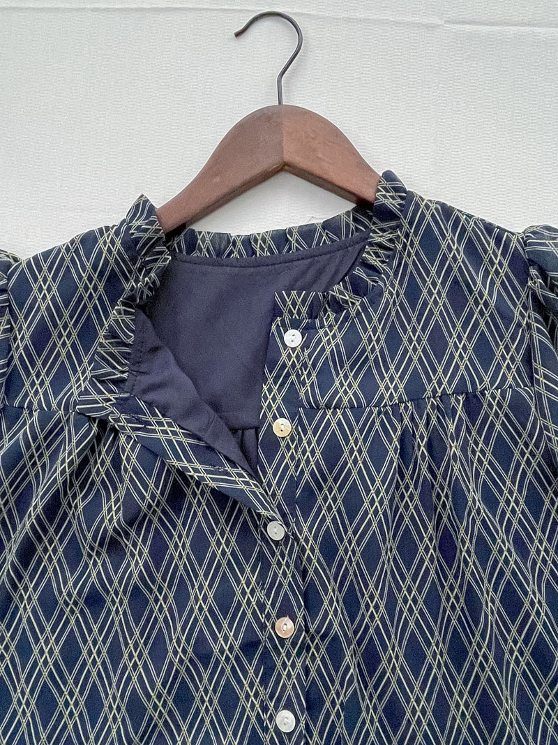 Ruffle Collar Rhombus Dress 花邊領口菱格紋雪紡連身裙/ DS9994