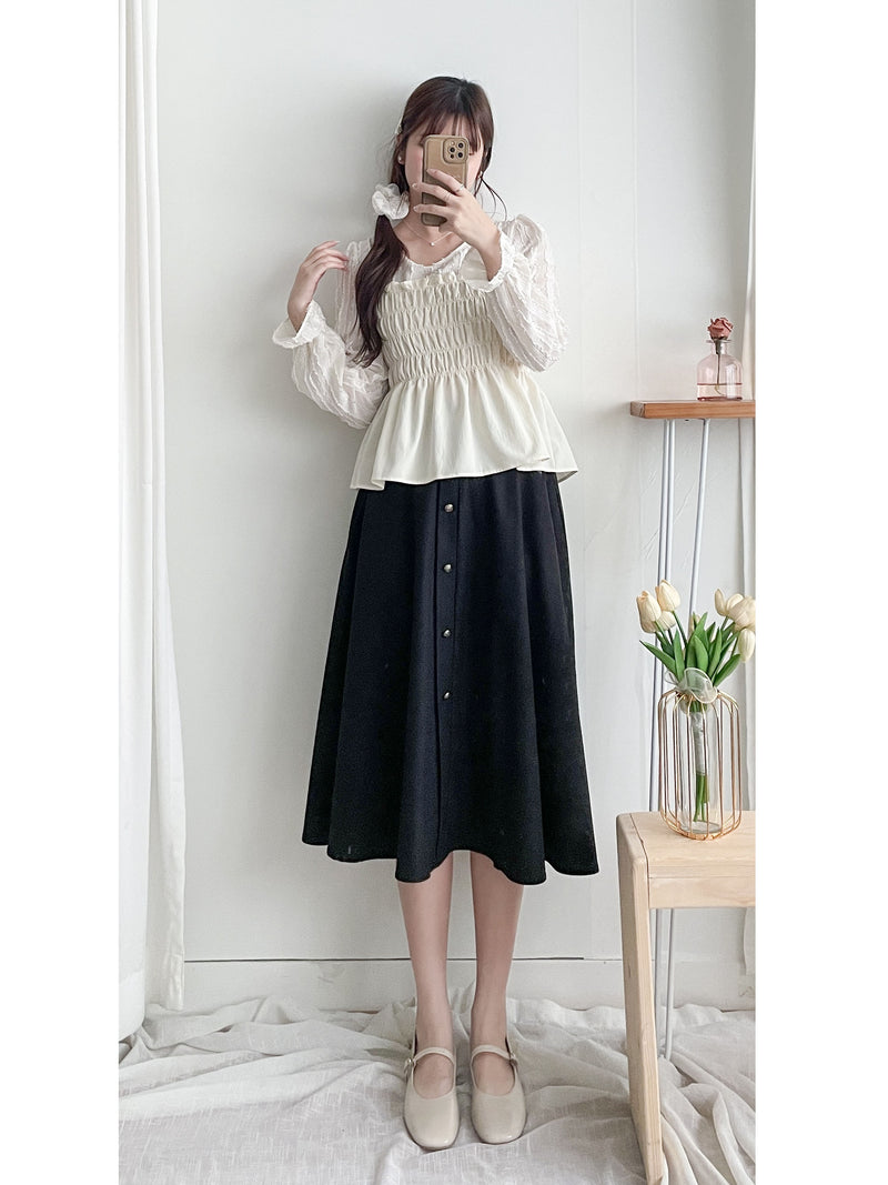 Button Skirt 裝飾鈕扣左右口袋傘裙/ SK8909（pre-order 10月9截單)