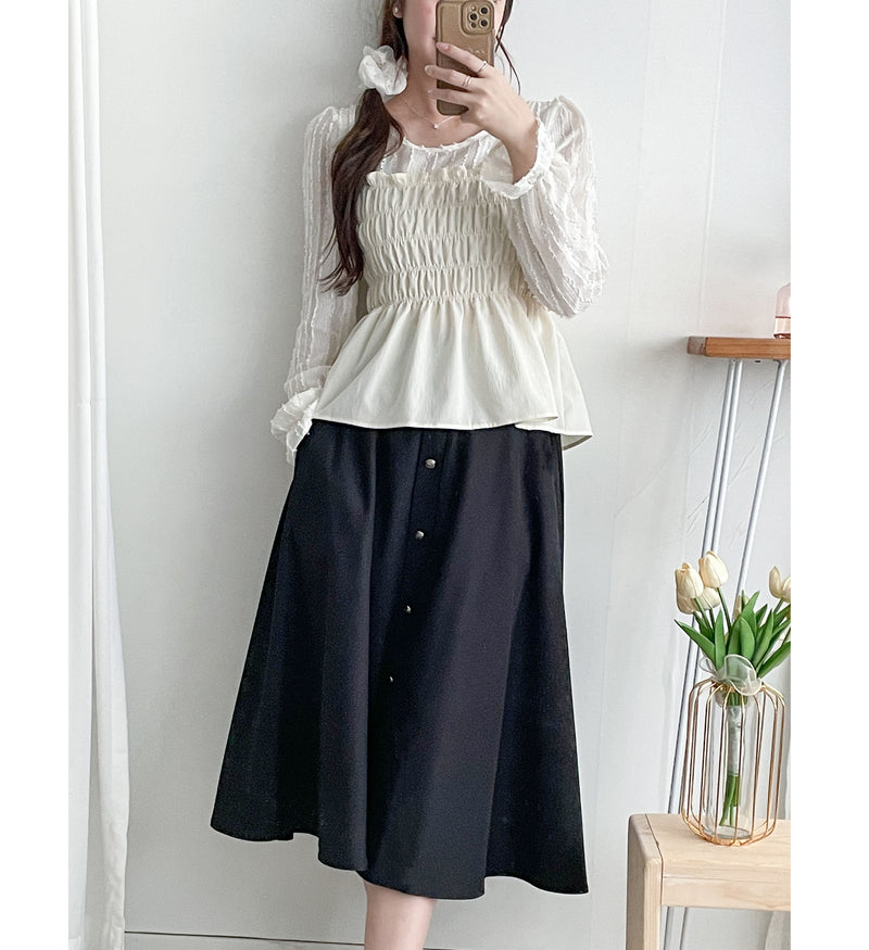 Button Skirt 裝飾鈕扣左右口袋傘裙/ SK8909（pre-order 10月9截單)