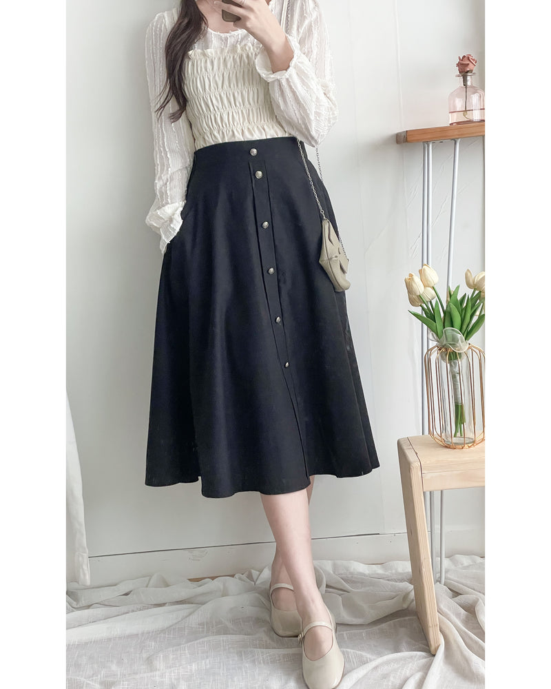 Button Skirt 裝飾鈕扣左右口袋傘裙/ SK8909（pre-order 10月9截單)