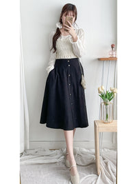 Button Skirt 裝飾鈕扣左右口袋傘裙/ SK8909（pre-order 10月9截單)