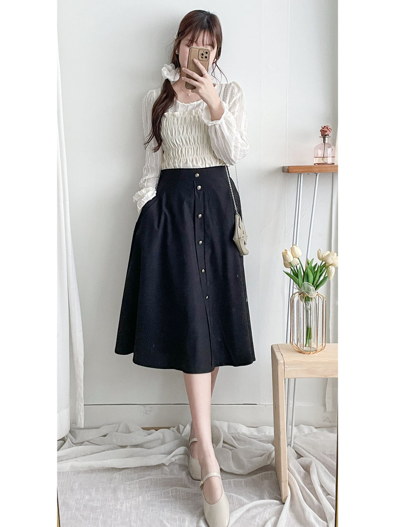 Button Skirt 裝飾鈕扣左右口袋傘裙/ SK8909（pre-order 10月9截單)