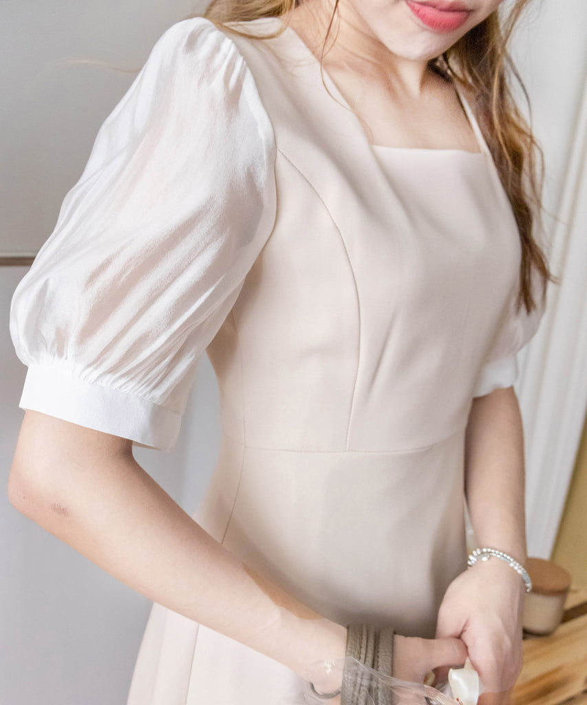 Beige Chiffon 色澤雪紡袖口微彈杏色修腰連身裙, Dress/ DS9273