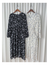 Lavender Daisy Dress 紫藍線條花顯腿長弧腰身口袋連身裙/ DS9997 (pre-order 10月9截單)