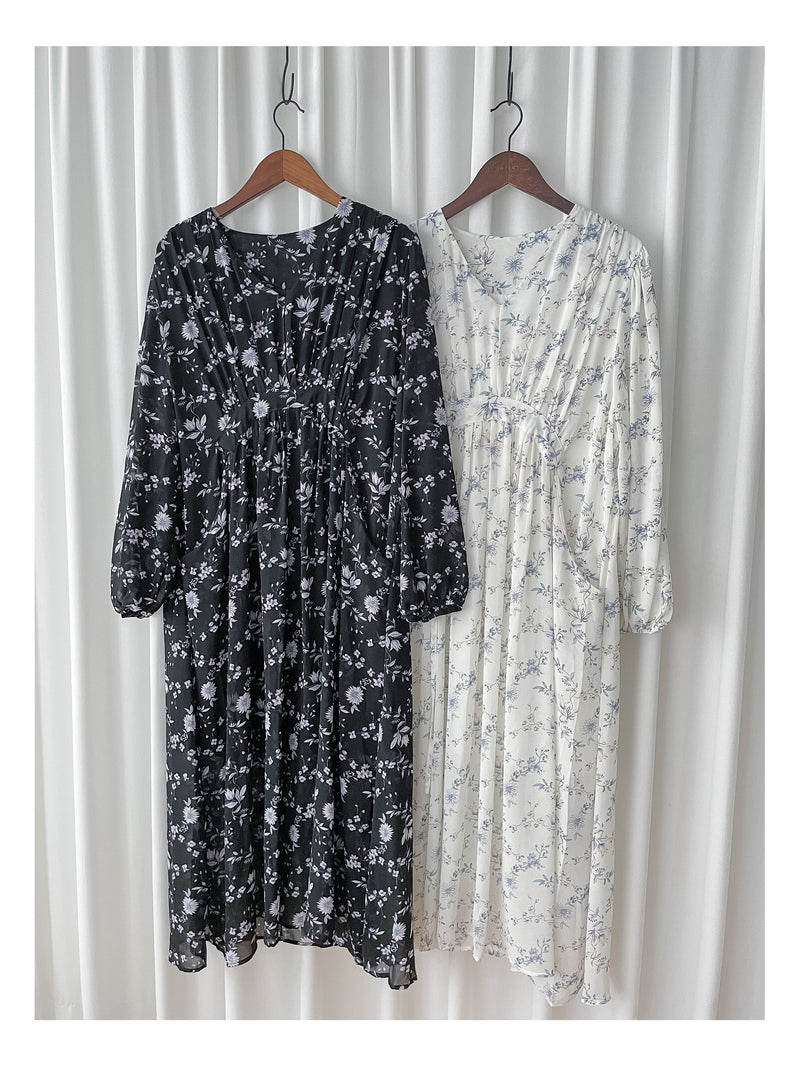 Lavender Daisy Dress 紫藍線條花顯腿長弧腰身口袋連身裙/ DS9997 (pre-order 10月9截單)