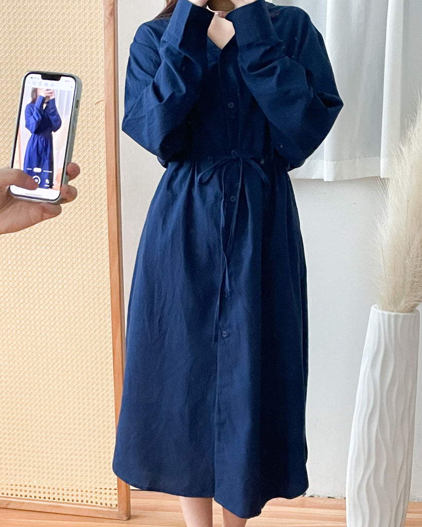 Navy 顯白藍色防皺棉口袋連身裙, Dress/ DS9427