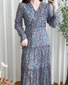 [限量現貨回歸]   Blue Flower Dress V領藍調花布遮肉皺皺布連身裙/ DS9740