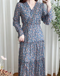 [限量現貨回歸]   Blue Flower Dress V領藍調花布遮肉皺皺布連身裙/ DS9740